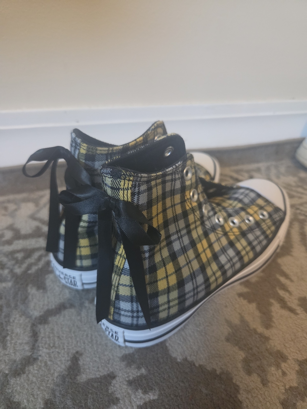 Converse Yellow and Black Plaid High-Top Sneakers with Ribbon Ties